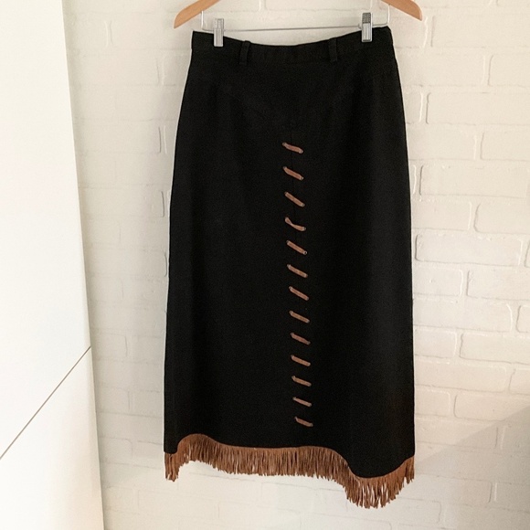 Roughrider Vintage Western Fringe Maxi Skirt Denim Lace-Up Back Sz 12 - Picture 2 of 13